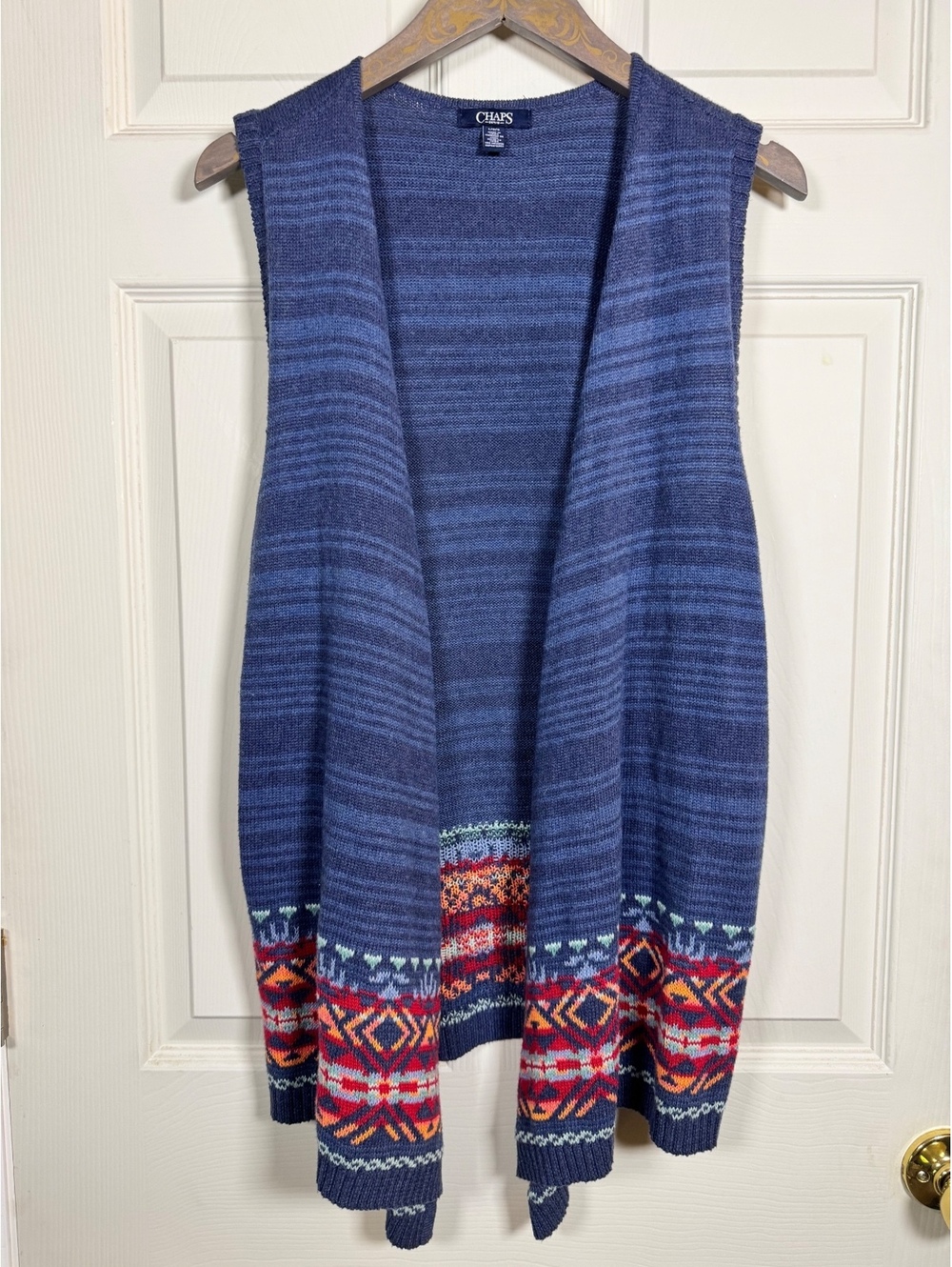 Chaps Denim Women's Blue Sleeveless Open Front Knit Vest with Colorful Border - Picture 1 of 7